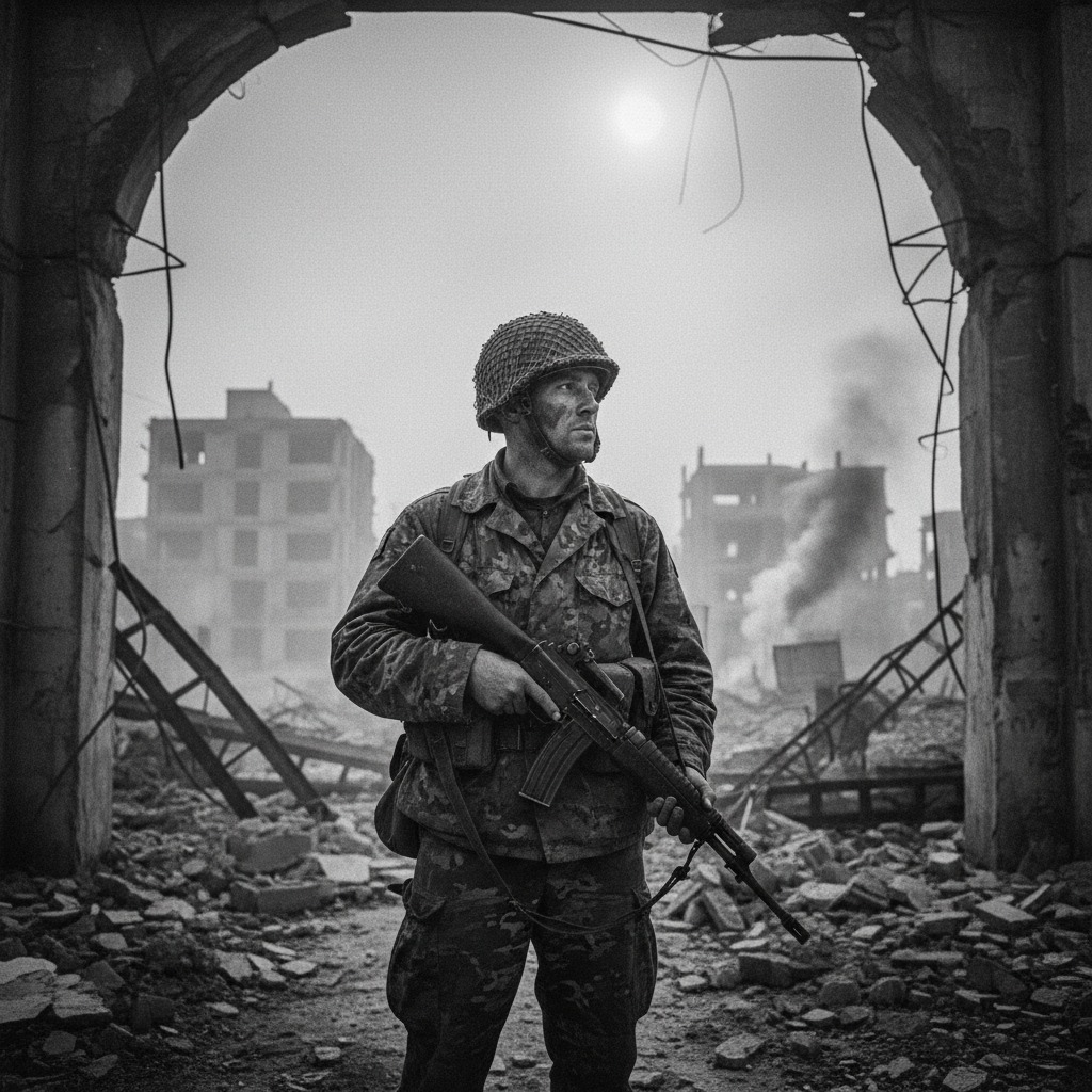 A soldier in camouflage gear and a helmet stands holding a rifle amidst the ruins of a war-torn city.